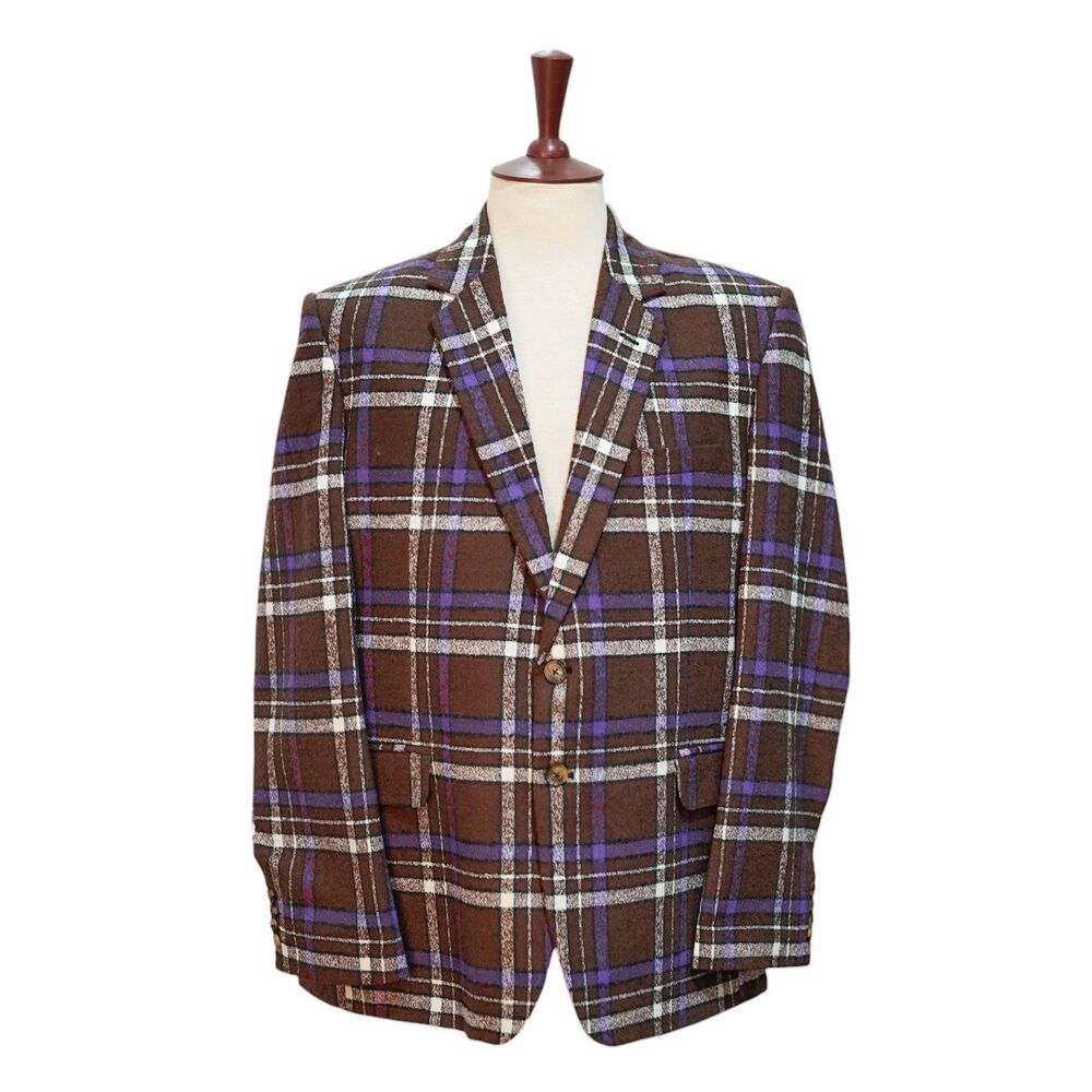 Mens Wool Sport Coat 44R Brown Purple Windowpane Plaid Blazer 2 Button Classic